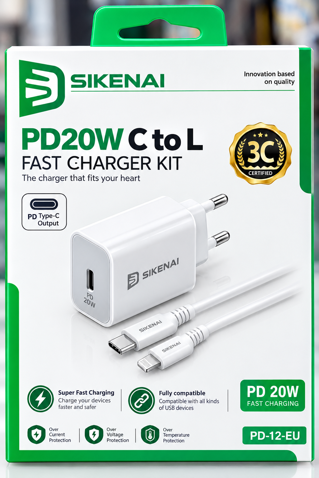 Sikenai full charger with lightinig cable  — available at One stop grocery mobile accessories , B-17 Islamabad